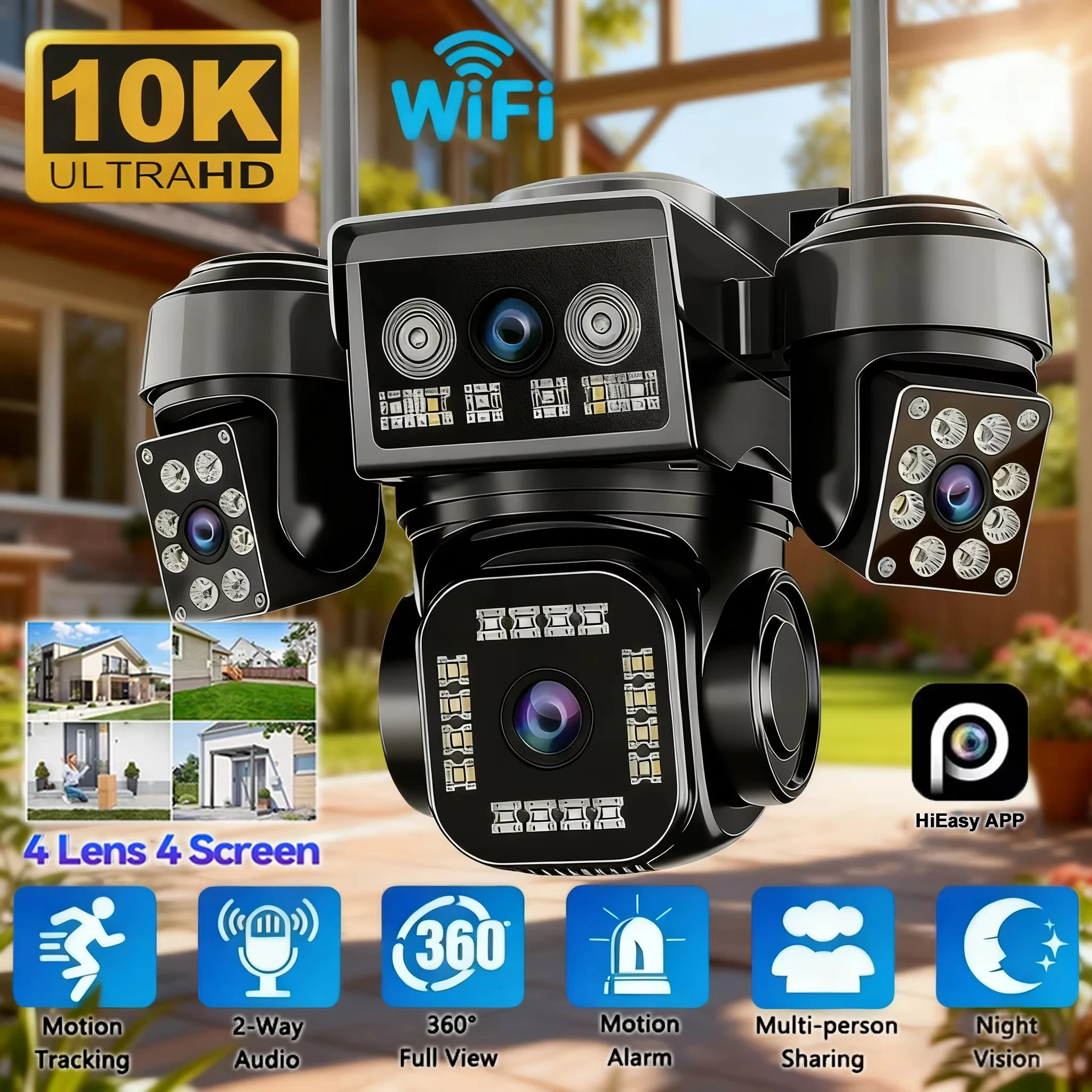 20MP 10K 4-Lens WiFi Security Camera Outdoor 16X Zoom Auto Tracking 4-Screen Display Waterproof CCTV  Full Color Night Vision