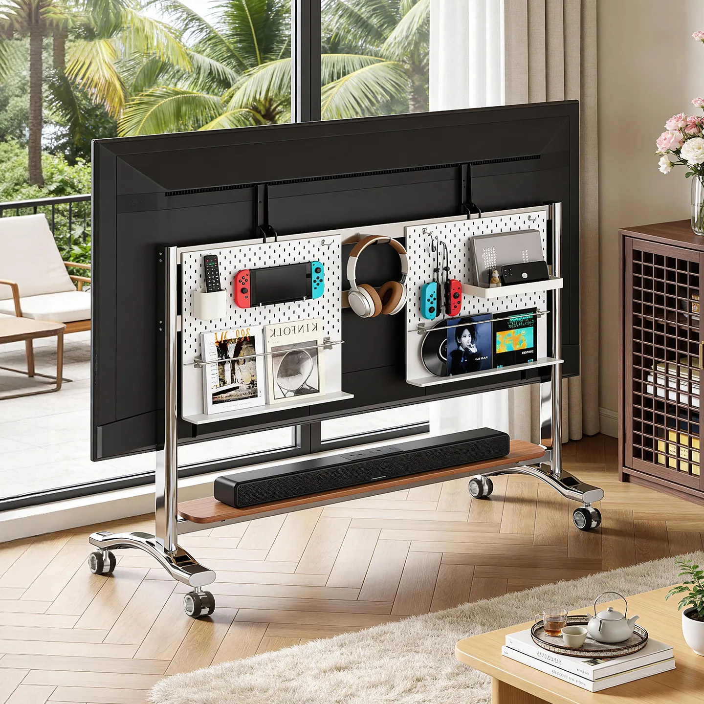 TV bracket Movable TV cabinet Solid wood with wheel cart Stainless steel art bracket 55-120 inch hanger