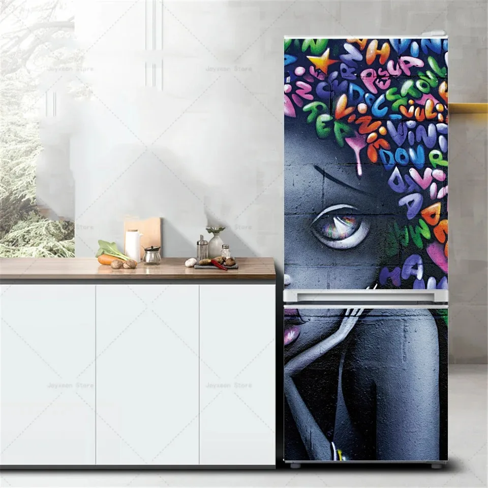 Abstract Graffiti Refrigerator Sticker, Waterproof Removable Peel and Stick Door Decal for Kitchen