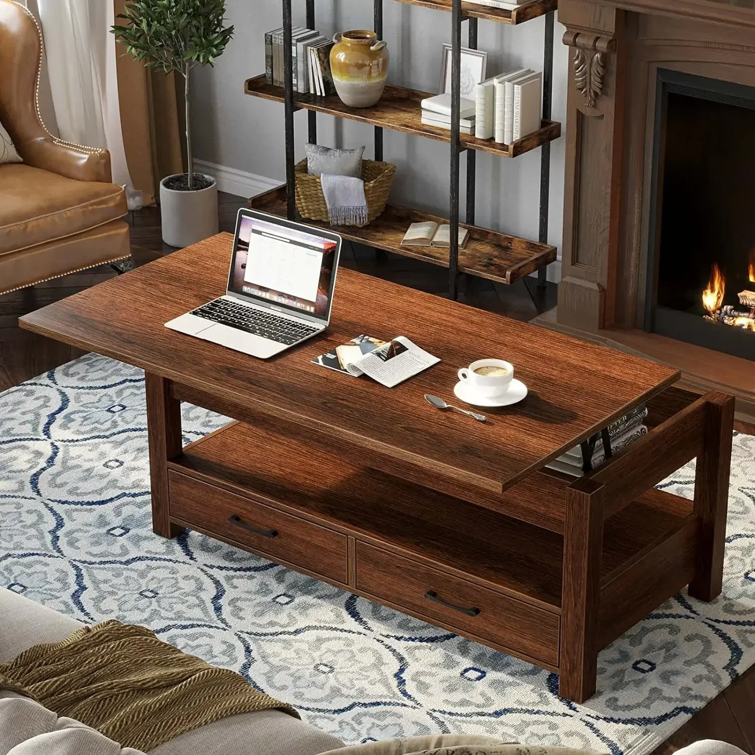 Lift Top Coffee Table with Drawers and Hidden Compartment, Retro Central   Wooden  top