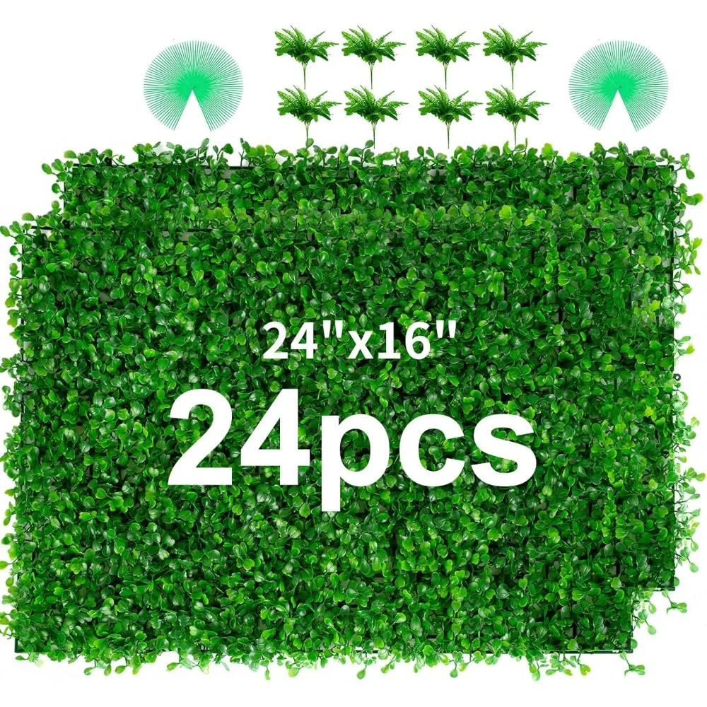 24PCS Boxwood Panels, 24x16 Artificial Boxwood Hedge Panels, Grass Wall Panels, UV Protected Suitable for Garden, Fence.