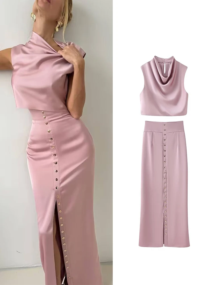 TFMLN 2026 Women Elegant Solid Satin Skirt Set Sleeveless Short Vest Top Hip Package Long Skirt Female Summer Party Outfits