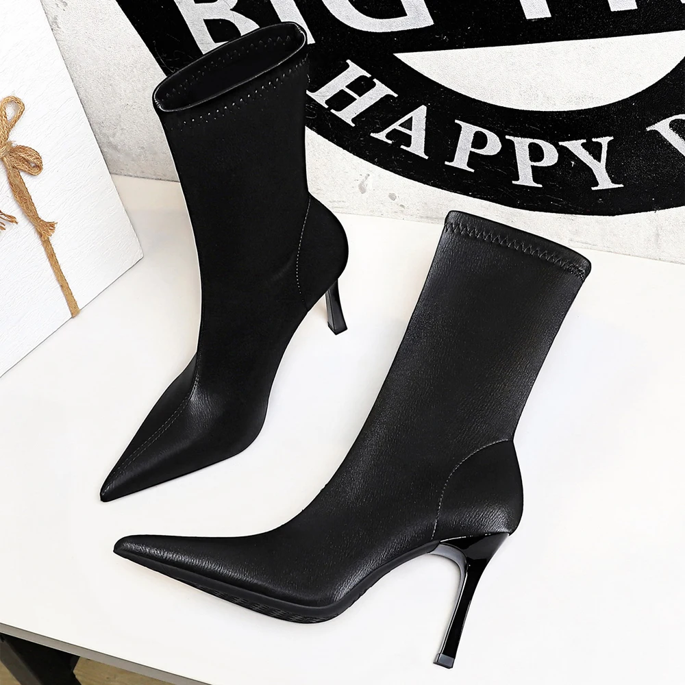 BIGTREE Shoes New High Quality Soft PU Leather Boots Women Pointed Toe Fashion Black Ladies Thin Heels Ankle Boots Winter Shoes