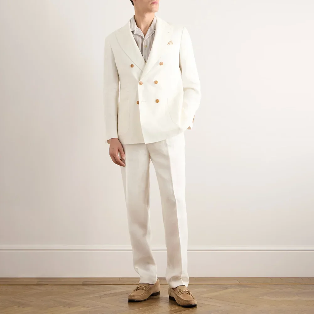 

Summer Linen Suits for Men 2 Piece Double Breasted Peak Lapel Wedding Party Tuxedo Fashion Formal Male Suit (Jacket+Pants)