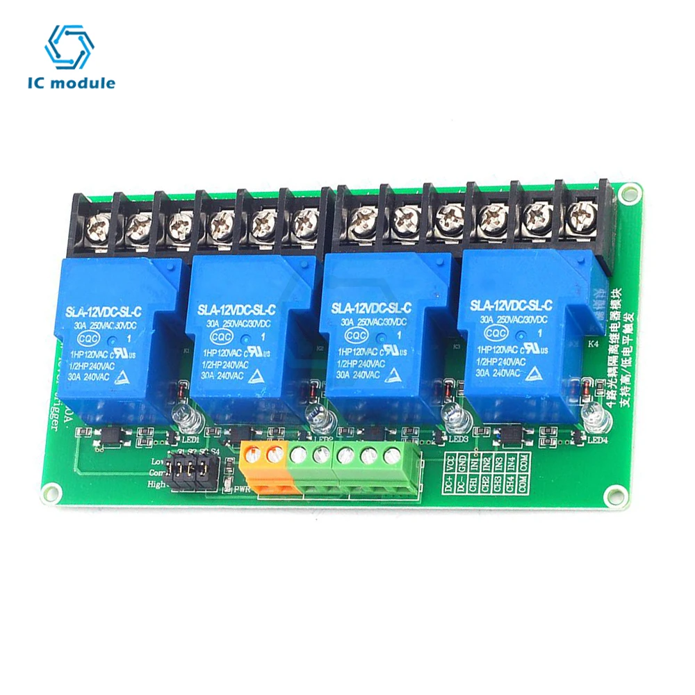 4 Channel relay module 30A with optocoupler isolation 5V 12V 24V supports high and low Triger trigger