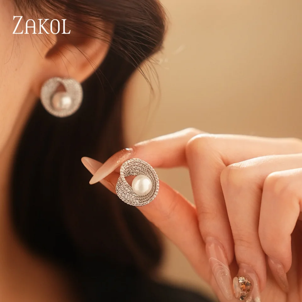 ZAKOL Einfache Modische Unregelmäßige Imitation Perle Zirkon frauen Stud Ohrringe Temperament Charme Party Schmuck Zubehör