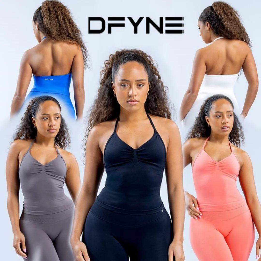 DFYNE-Sujetador de tiras de impacto con logotipo, sujetador de Yoga sin espalda con tiras para gimnasio, copas extraíbles, ropa de entrenamiento para mujer, Top de gimnasio, sujetadores deportivos con cuello Halter