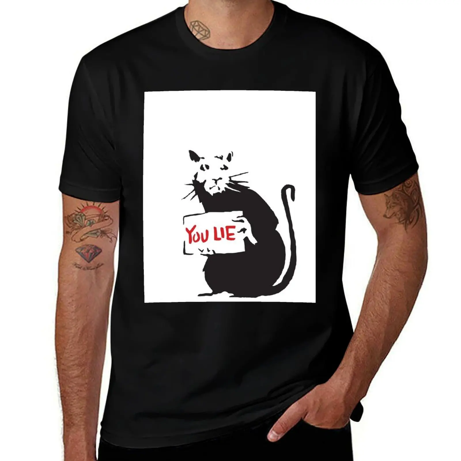 Banksy Quote Rat holding sign with YOU LIE written Graffiti Street art with Banksy signature tag HD HIGH QUALITY ONLINE T-Shirt