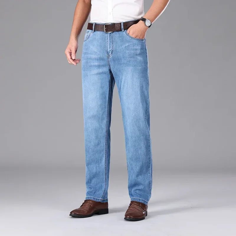 2026 Summer Brand Clothing Men's Straight Loose Lightweight Jeans Classic Badge Business Casual Thin Cotton Stretch Pants