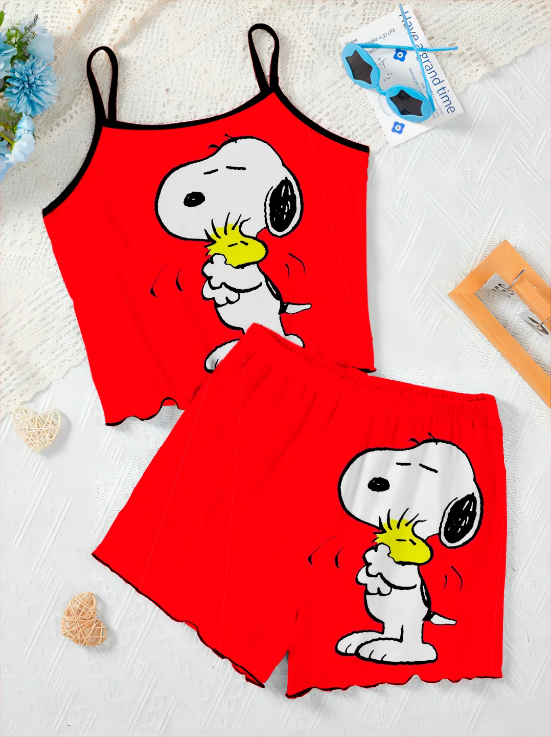 T-shirt pigiama gonna Snoopy pantaloni Set per le donne 2 pezzi lattuga Trim Top Slip Dress corto elegante completo da donna donna Chic