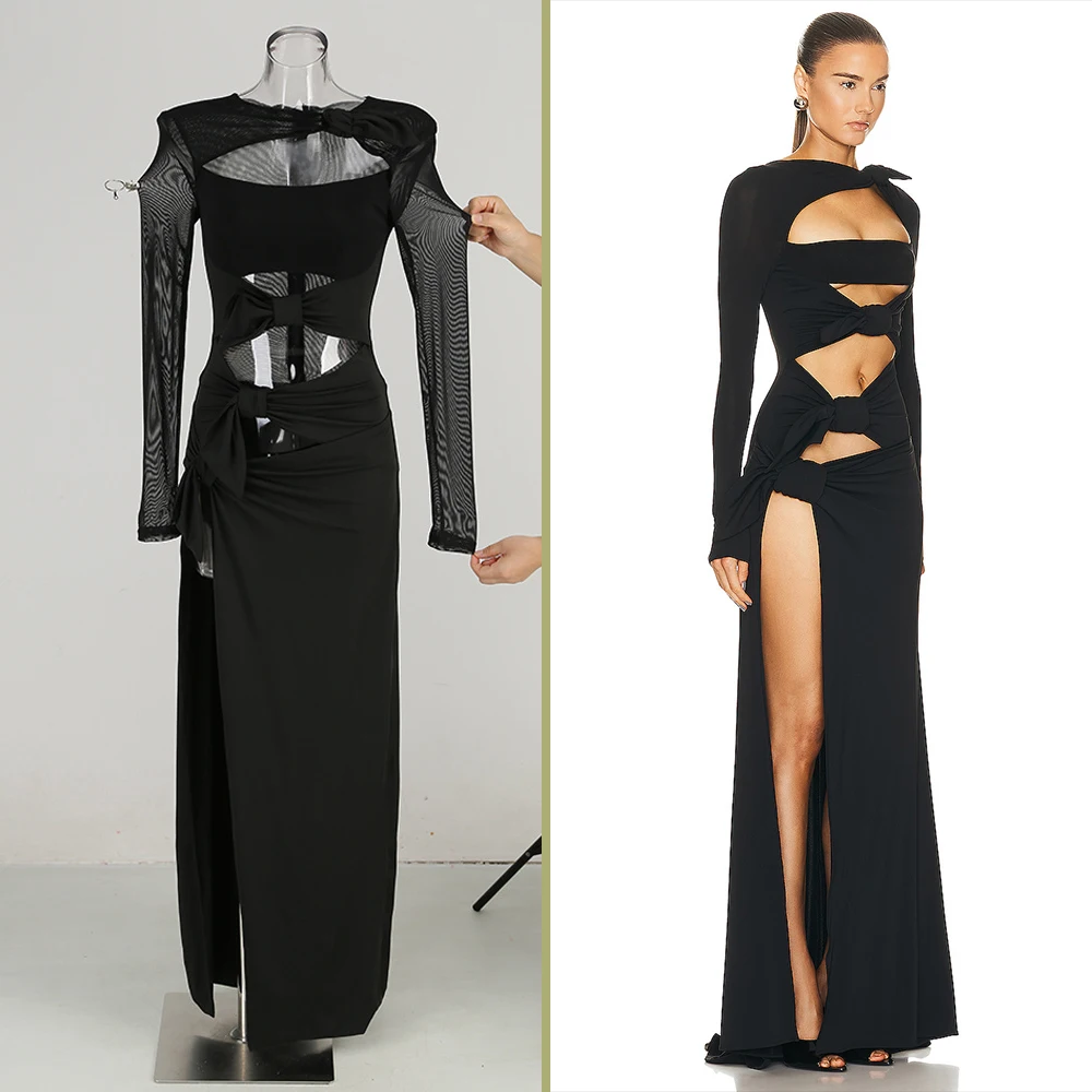 Sexy Hollow Out High Side Split See Through Mesh Long Sleeve Maxi Dress Luxury Brithday Prom Gown Party Club Fashion Dresses