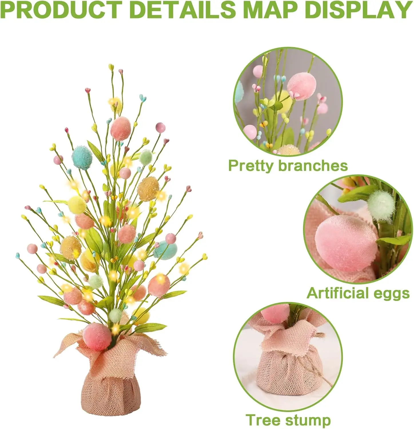 Easter Decorations Artificial 18 Inch Pre-Lit Easter Egg Tree Tabletop Decor for Home Party Wedding Holiday Spring Decoration