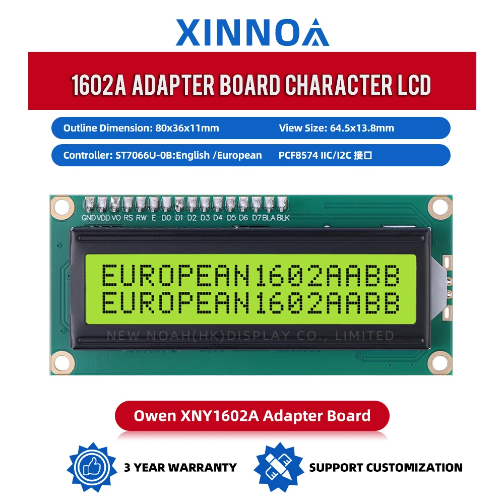 European Yellow Green Film 1602A IIC Adapter Board IIC12C Interface 5V 1602 80*36*11MM Display Module ST7066U Character Module