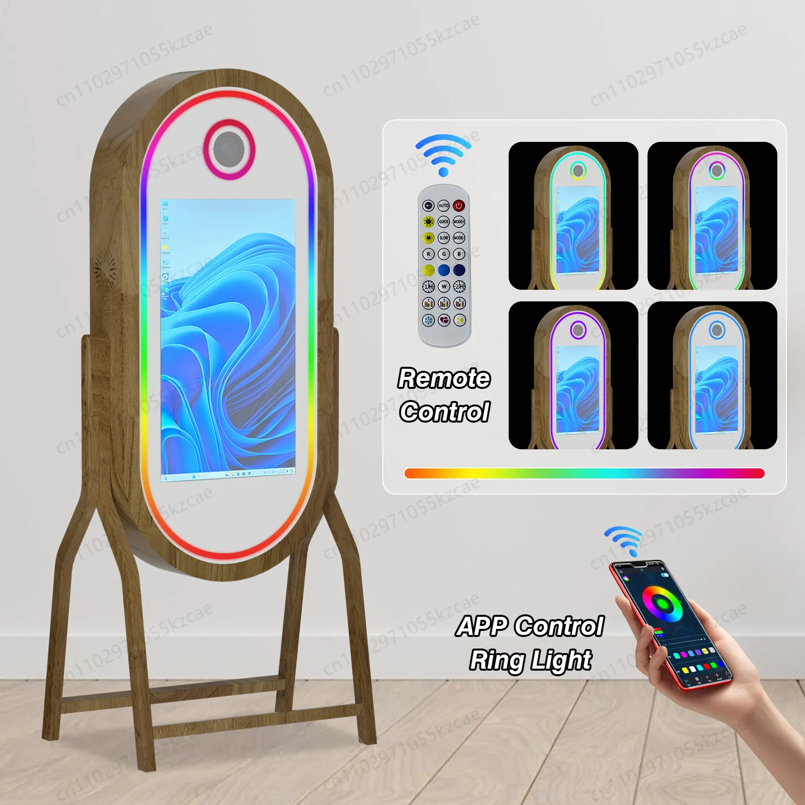 Solid Wood Oval Magic Mirror with Camera, RGB Light for Makeup Live Stream, All-in-One Vanity Studio