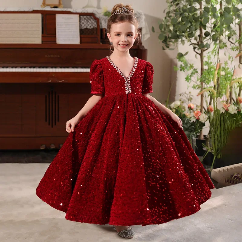 High-End Christmas Red Beading Kids Girls Dress Birthday Party Sequin Solid Color Princess Children Dresses Elegant Gown Frocks