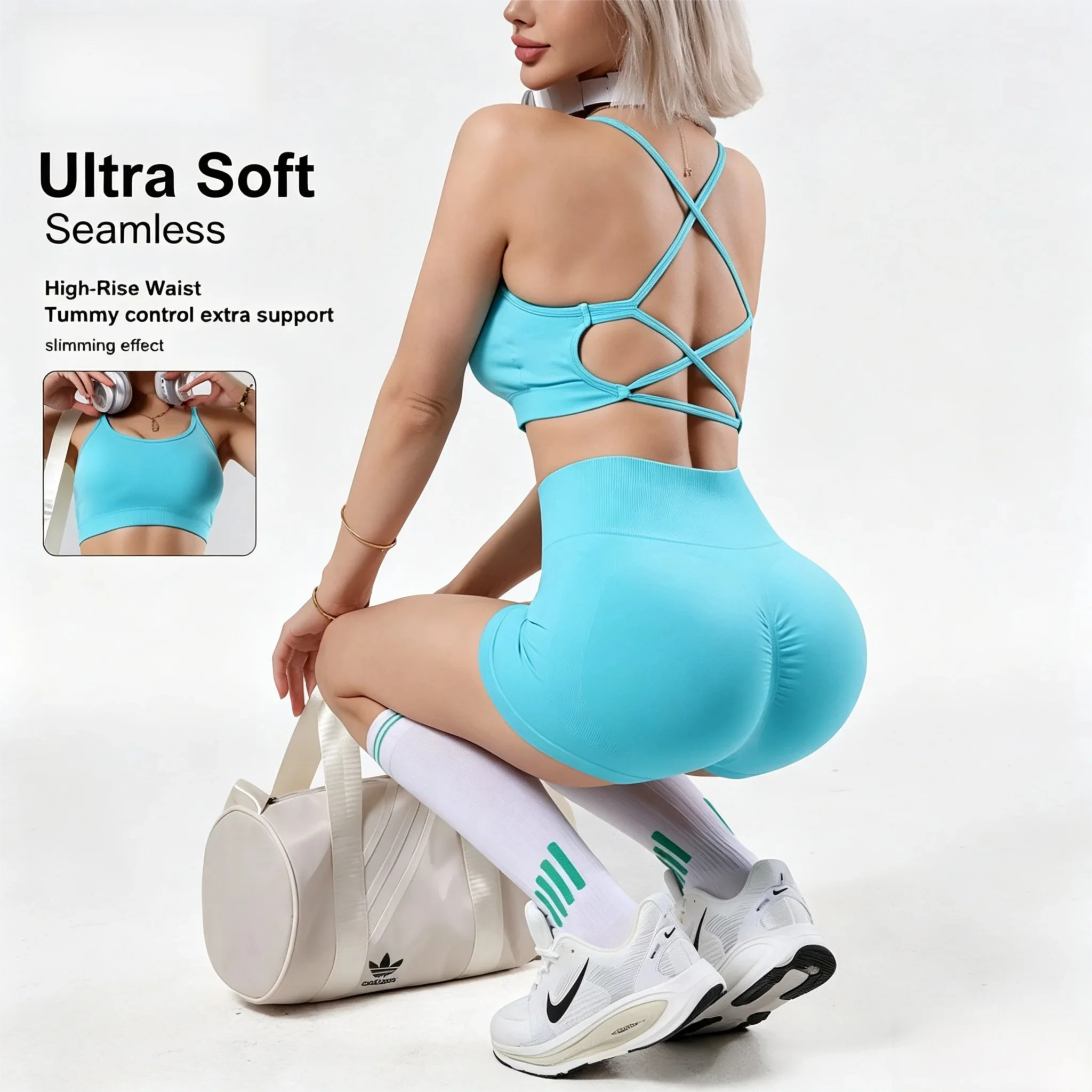 Women's Cross Back Sports Bra High Waist Tummy Control Shorts 2 Piece Yoga Workout Set Criss Cross Strap Butt Lifting