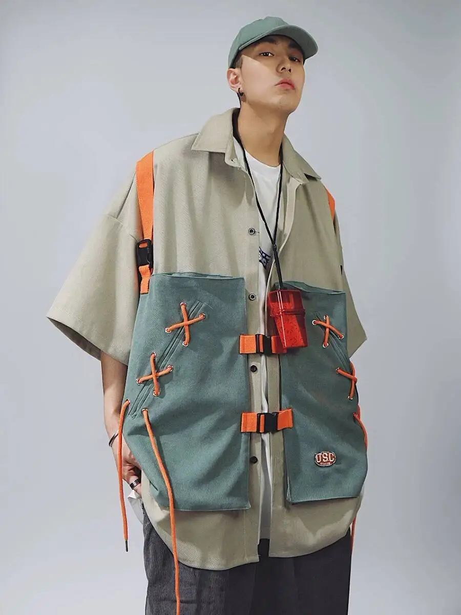 Unsiex Cargo Shirts 2026 Summer New Cargo Short Sleeve Shirt Men Hip Hop Loose Fake Two Piece Vest