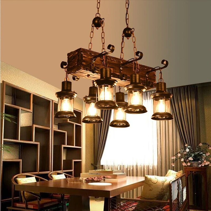 

Vintage Led Chandelier Lighting Lustre Suspension Coffee Bedroom Iron Wooden Ceiling Lamp For Home Loft Decor Solid Wood Lights