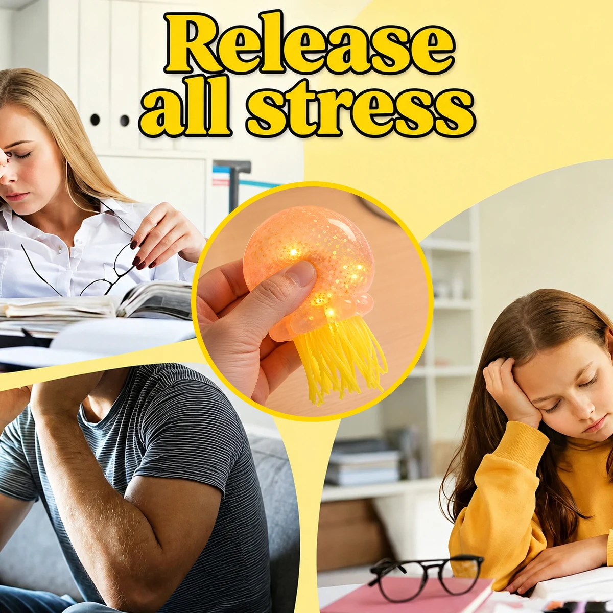 Brinquedo de medusa transparente com lantejoulas de 4 cores e tentáculos de silicone macios e elásticos. Brinquedo fofo anti-stress com luzes LED que brilham quando apertado, perfeito como um presente fofo para aniversários, festas, Natal e Halloween.