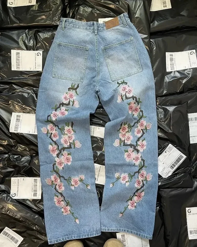 Y2K Fashion Jeans  Men Women Harajuku Cherry Blossom Embroidery baggy Jeans Hip Hop StreetwearGothic Casual Wide Leg Denim Pants