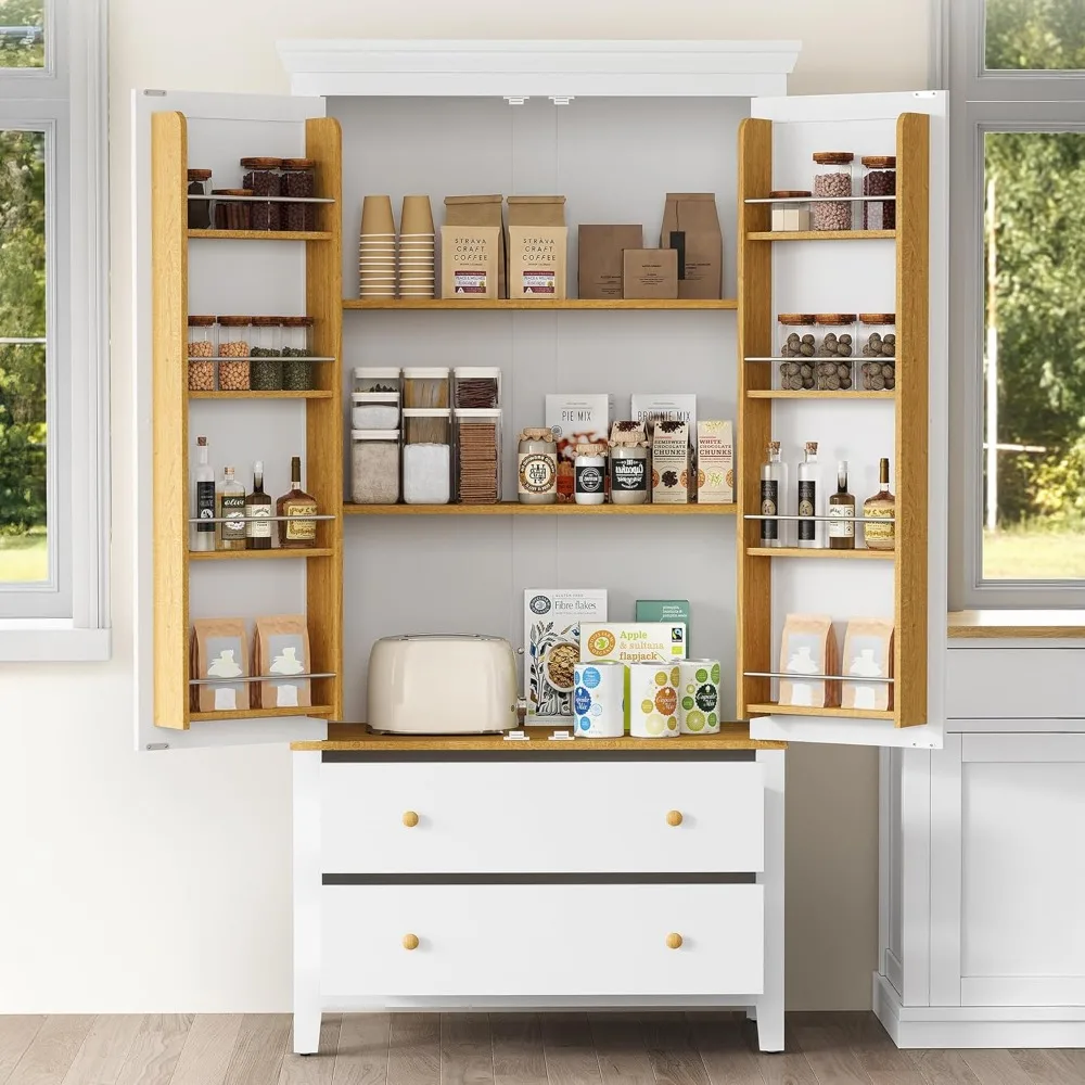 

70'' Tall Kitchen Pantry Cabinet, Large Storage Cabinet with 8 Door Shelves, White Kitchen Cabinet with 2 Drawers & A