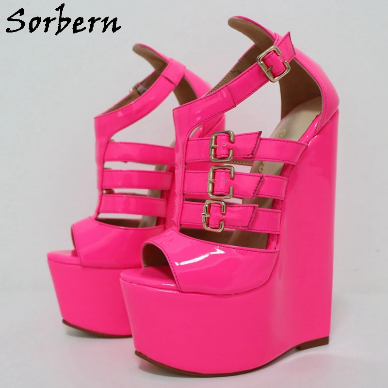 

Sorbern Neon Peach Wedges Sandal 20cm High Heel Platform Super Narrow Sole T-Strap Custom Gladiator Style Unisex Sandal Shoes