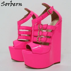 Sorbern Neon Peach Wedges Sandal 20cm High Heel Platform Super Narrow Sole T-Strap Custom Gladiator Style Unisex Sandal Shoes