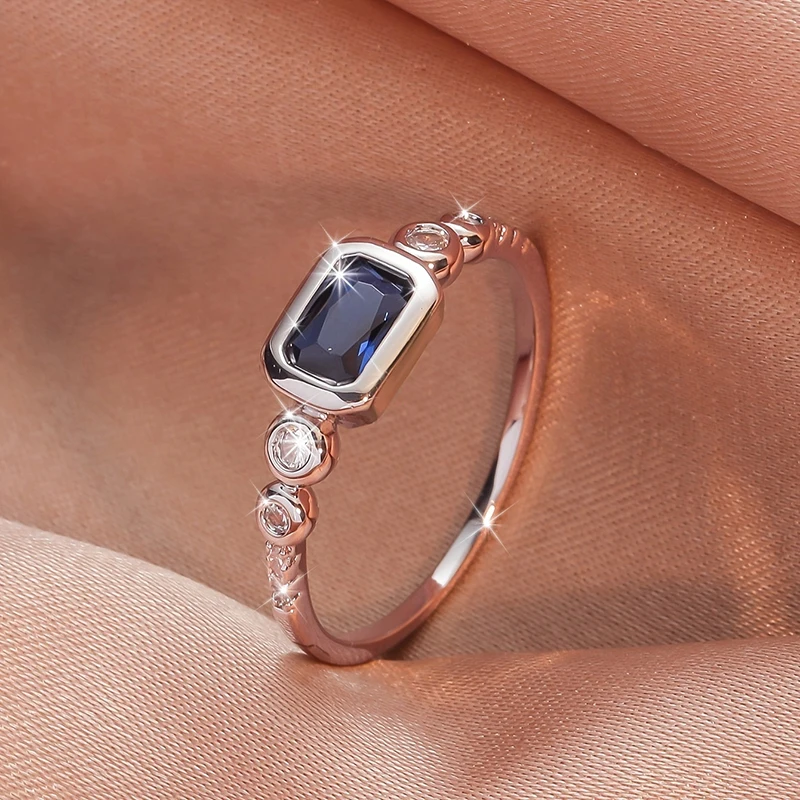 Huitan Noble Rectangular Blue Cubic Zirconia Rings for Women Silver Color Wedding Anniversary Party Simple Elegant Lady Jewelry