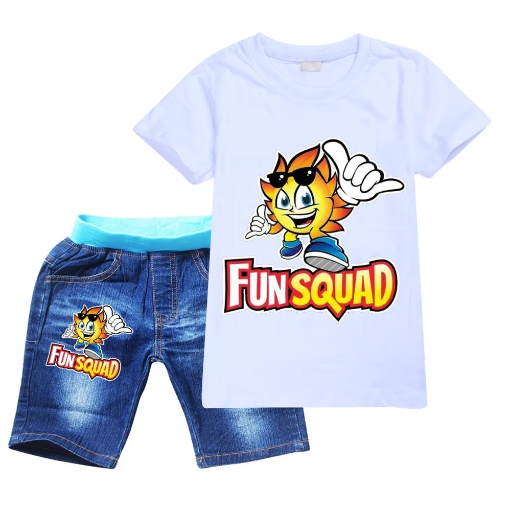 New Summer Cartoon Boys Fun Squad Gaming Clothes Kids 100% Cotton T-shirts Denim Shorts 2pcs Sets Cute Toddler Girls Outfit