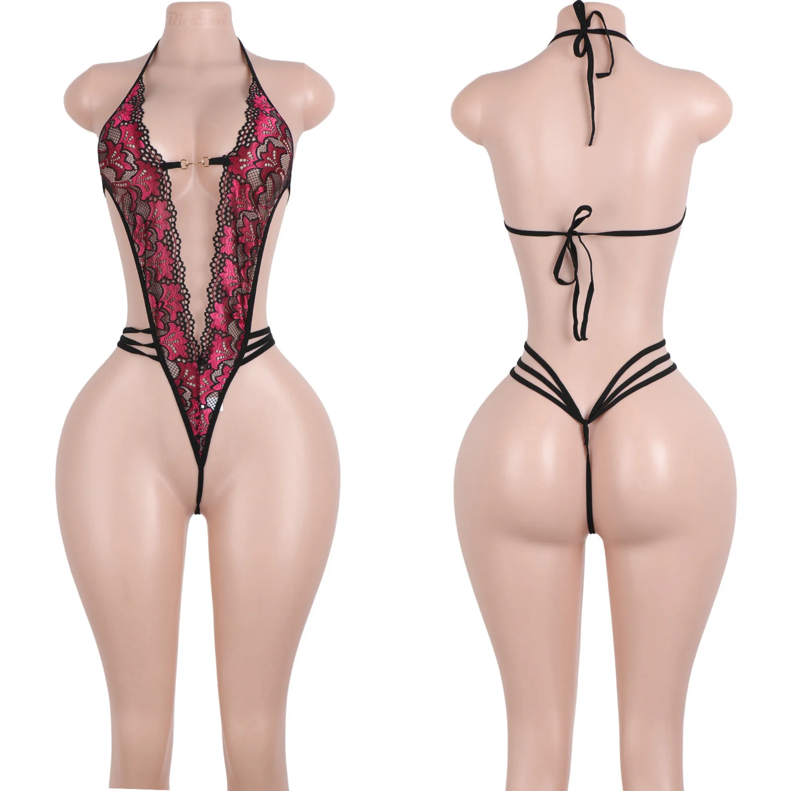 レース柄ホルターネックランジェリーTバックビキニボトルガールエキゾチックダンスウェアプリントシアーメッシュサマーストリッパー衣装卸売