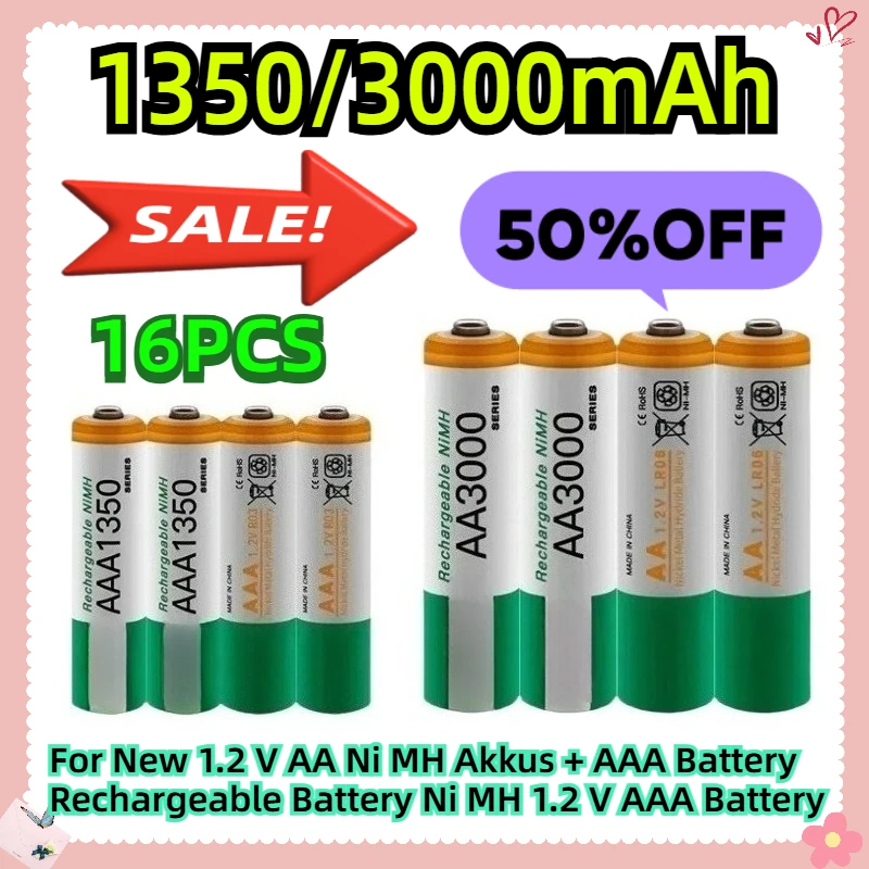 For New 1.2 V AA 3000 MAH Ni MH Akkus + AAA Battery 1350 MAH Rechargeable Battery Ni MH 1.2 V AAA Battery