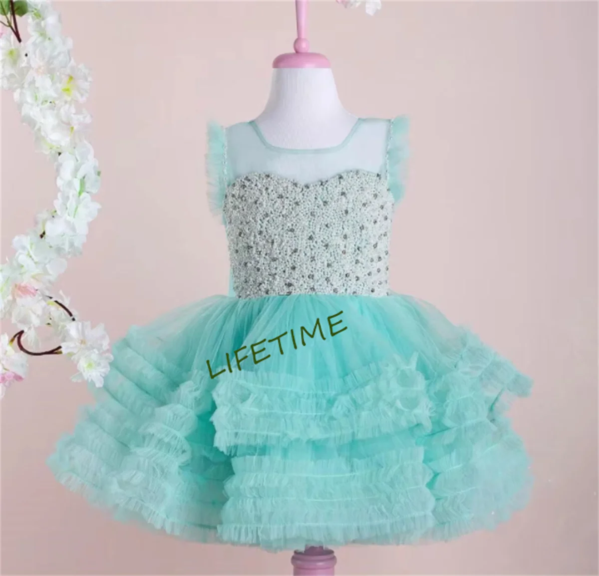 Funkelndes rosa Baby-Mädchen-Kleid mit Perlen verziert, Kinder-Couture-Puffy-Prinzessin-Kostüm, Mädchen-Geburtstagskleid, große Schleife, 12 m, 18 m, 24 m