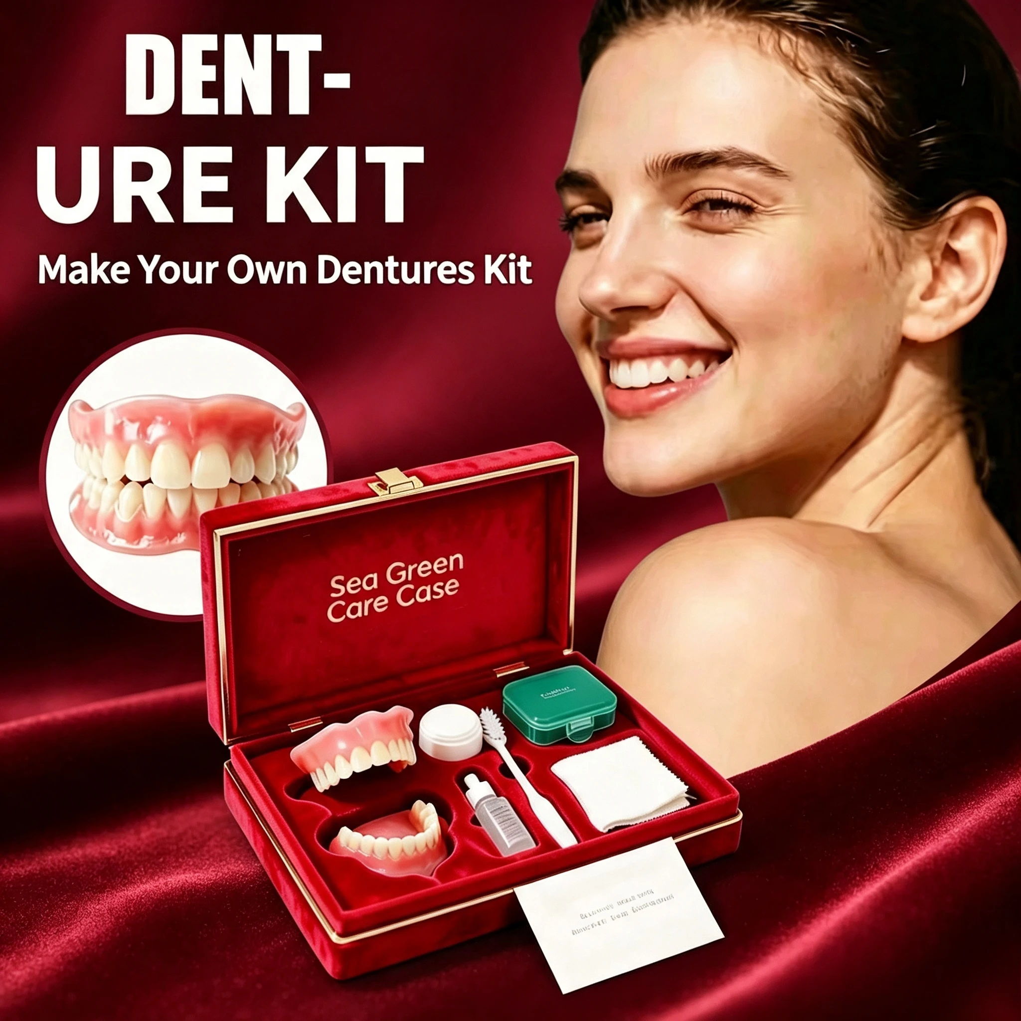 Natural Cosmetic Denture Kit - Realistic Upper & Lower Teeth Set, Cleaning Tools, Instant Smile Veneers, Comfort Fit Daily Wear