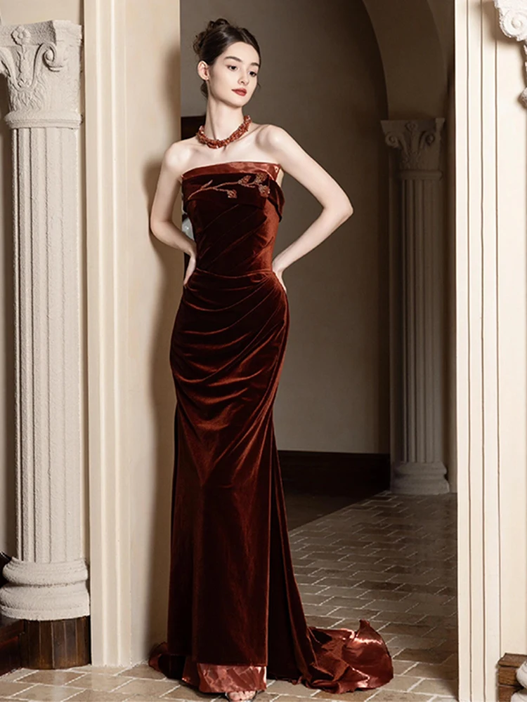 

Элегантное бархатное свадебное платье с дизайном без бретелек и шлейфом для свадьбы, помолвки, торжеств и выступлений