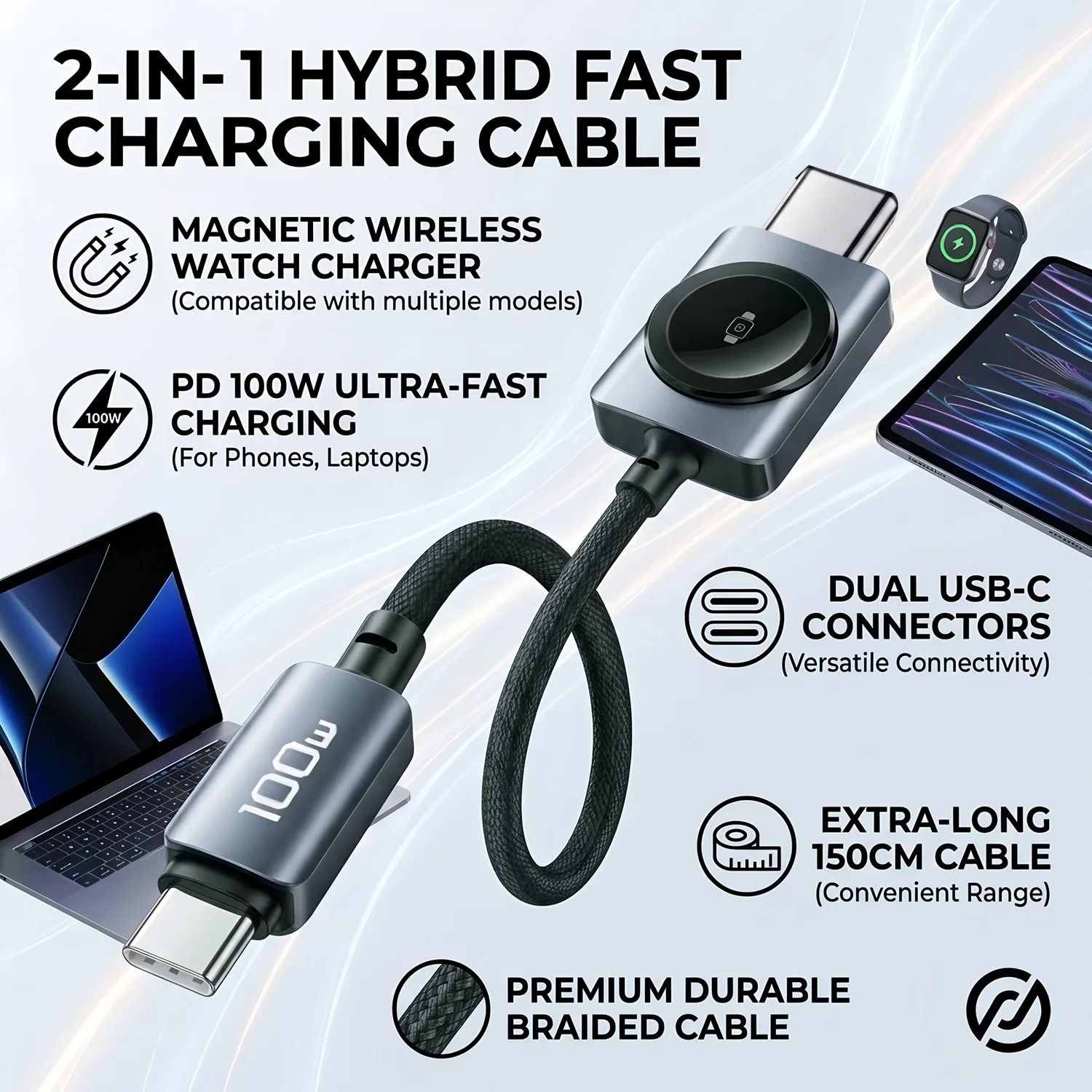 100W USB C To USB C Cable 2-in-1 Fast Charging Magnetic Watch Cable For iPhone 17 16 Samsung S25 2.5W For iWatch Series
