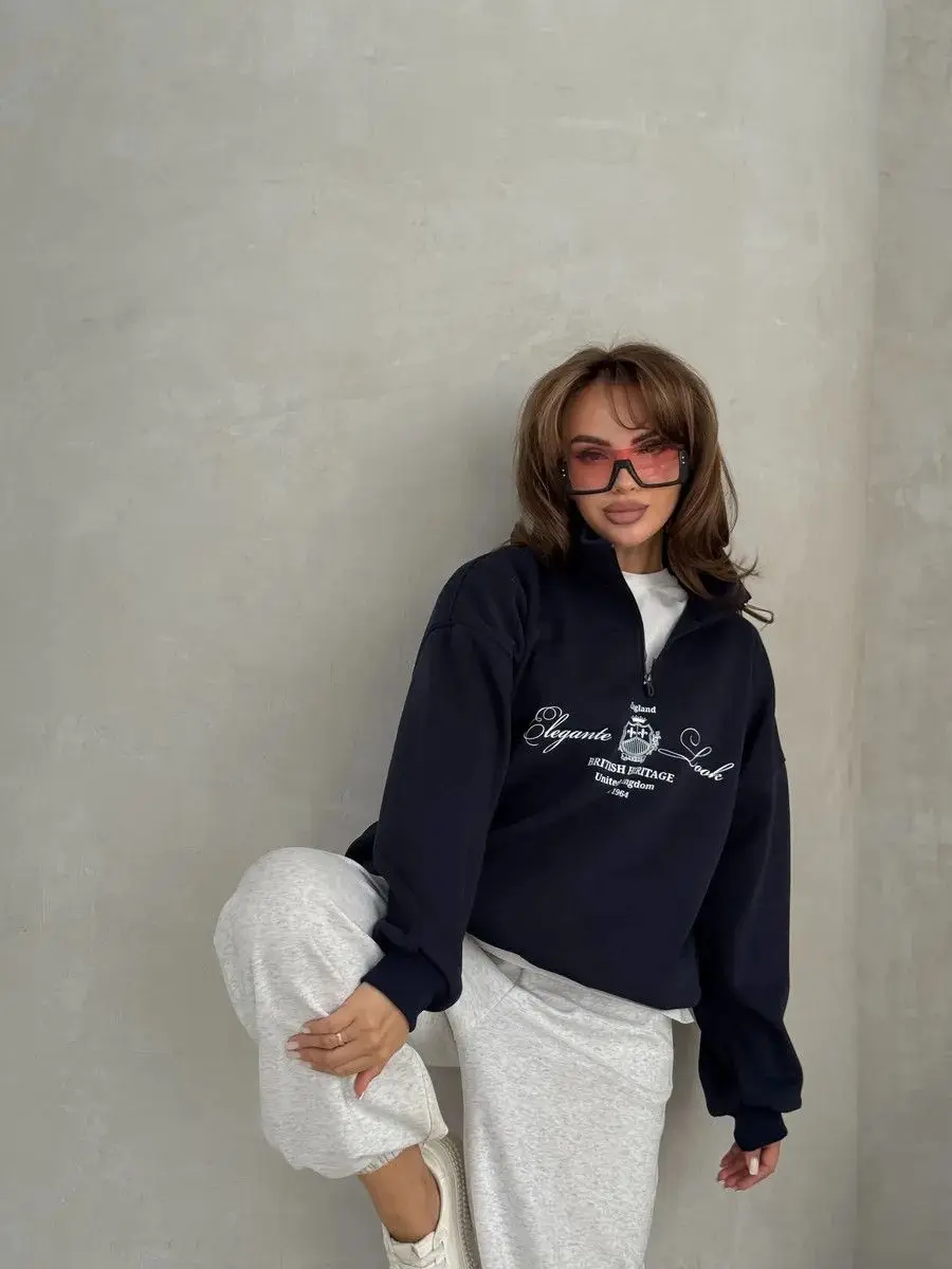 Vintage Britischen Stil Revers Shirts Zipper Drehen-unten Kragen Sweatshirt Lose Freizeit Herbst Elegante Frauen Große Größe Streetwear