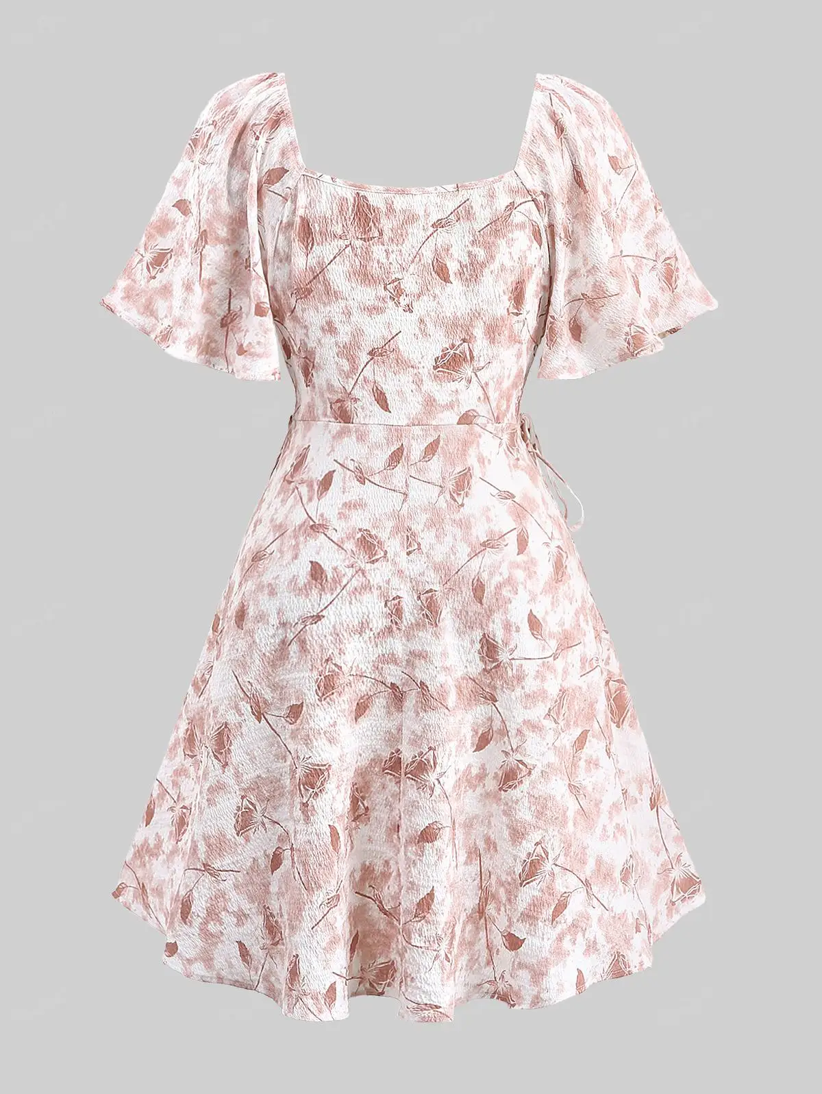 ROSEGAL Plus SizeWomen\'s Dresses Light Pink Tie Dye Flowers Leaf Printed Ruched Cinched Pockets Milkmaid Dress Casual Vestidos