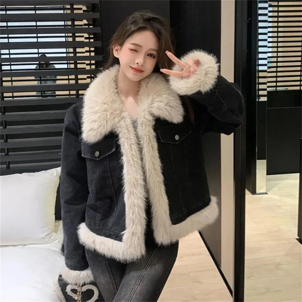 Women\'s Vintage Solid Fur Denim Coats Casual Fashion Patchwork Long Sleeves Jackets 2024 Spring New Female Y2k Harajuku Tops