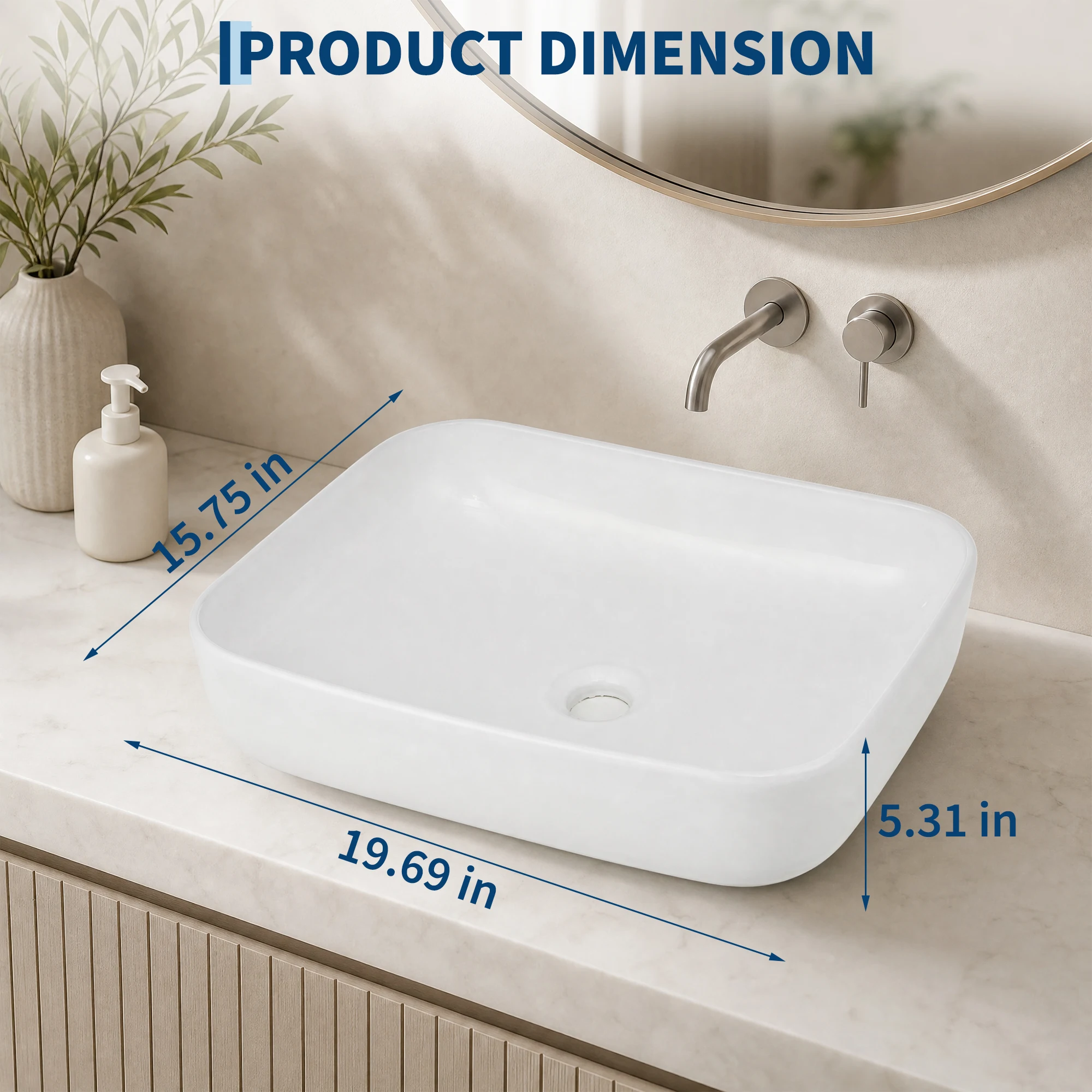 Bathroom Vessel Sink, 19.69'' x 15.75'' x 5.31'' Semi Recessed Bathroom Sink Rectangular White Ceramic Sinks for Bathroom Modern Bath Sink Bowl Vanity Sinks Above Counter Basin view 5