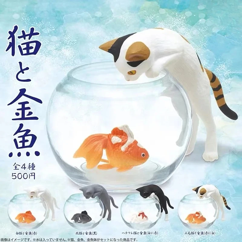 

Original capsule toys cute kawaii white black calico neko Hachiware cat and goldfish in fish tank Aquarium ornaments figures