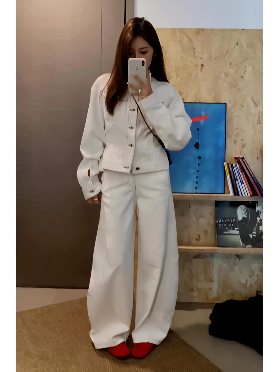 

Fashionable White Stitch Design Denim Jacket And Wide Leg Pants Set Women's Spring Autumn New Style Outfit Polyester Long Sleeve