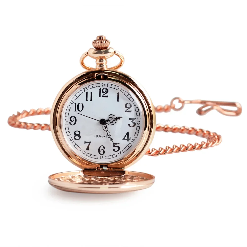 Vintage Luxury Quartz Pocket Watch for Men Women Kids Fob Chain Easy Read Numbers Rose Gold Smooth Case Hanging Pendant Clock