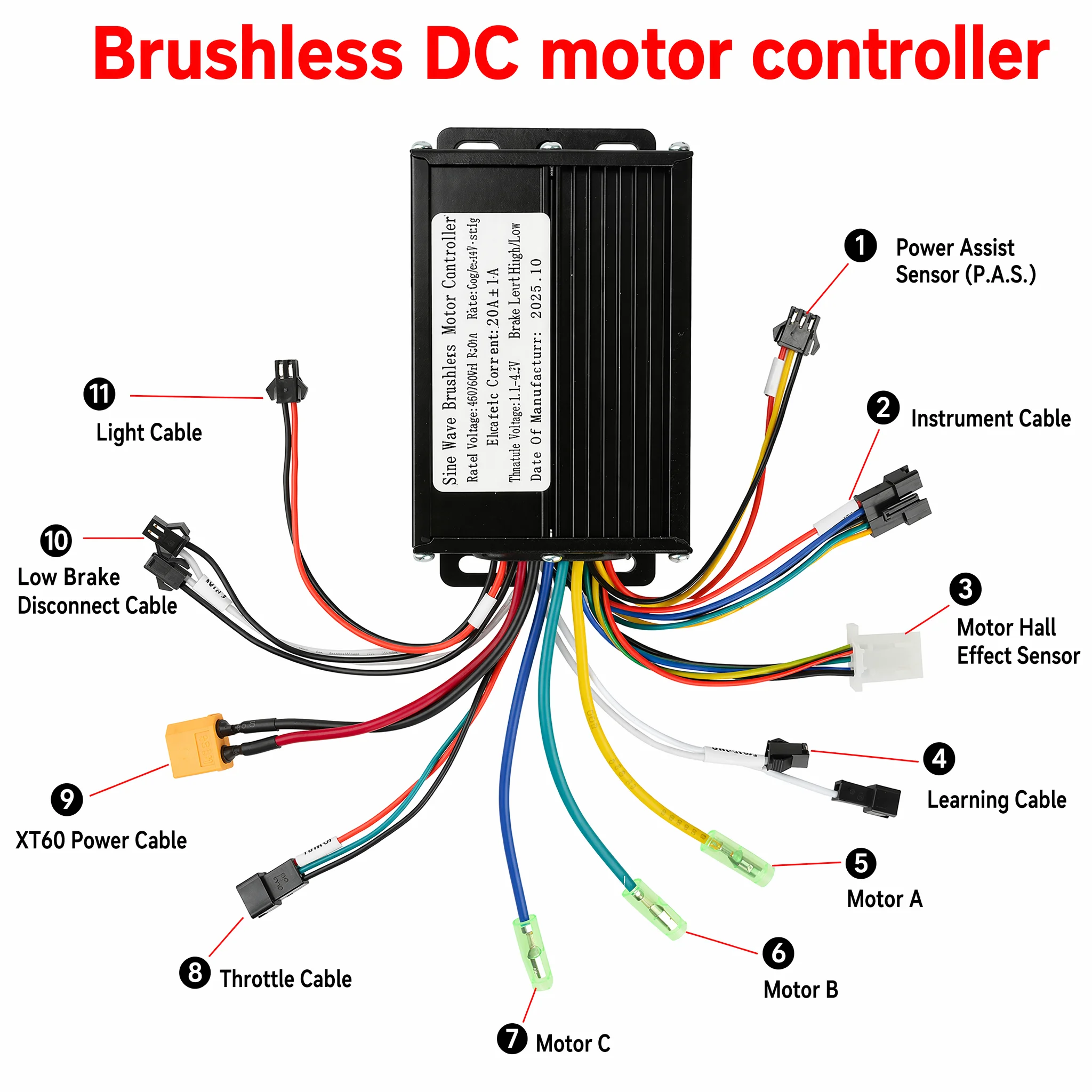 Image of 36V 48V 20A Sinuswellen-Bürstenloser Motorcontroller 350W-500W, 2-Protokoll SM-Stecker für 2-Leiter-LCD E-Bike-Ersatz