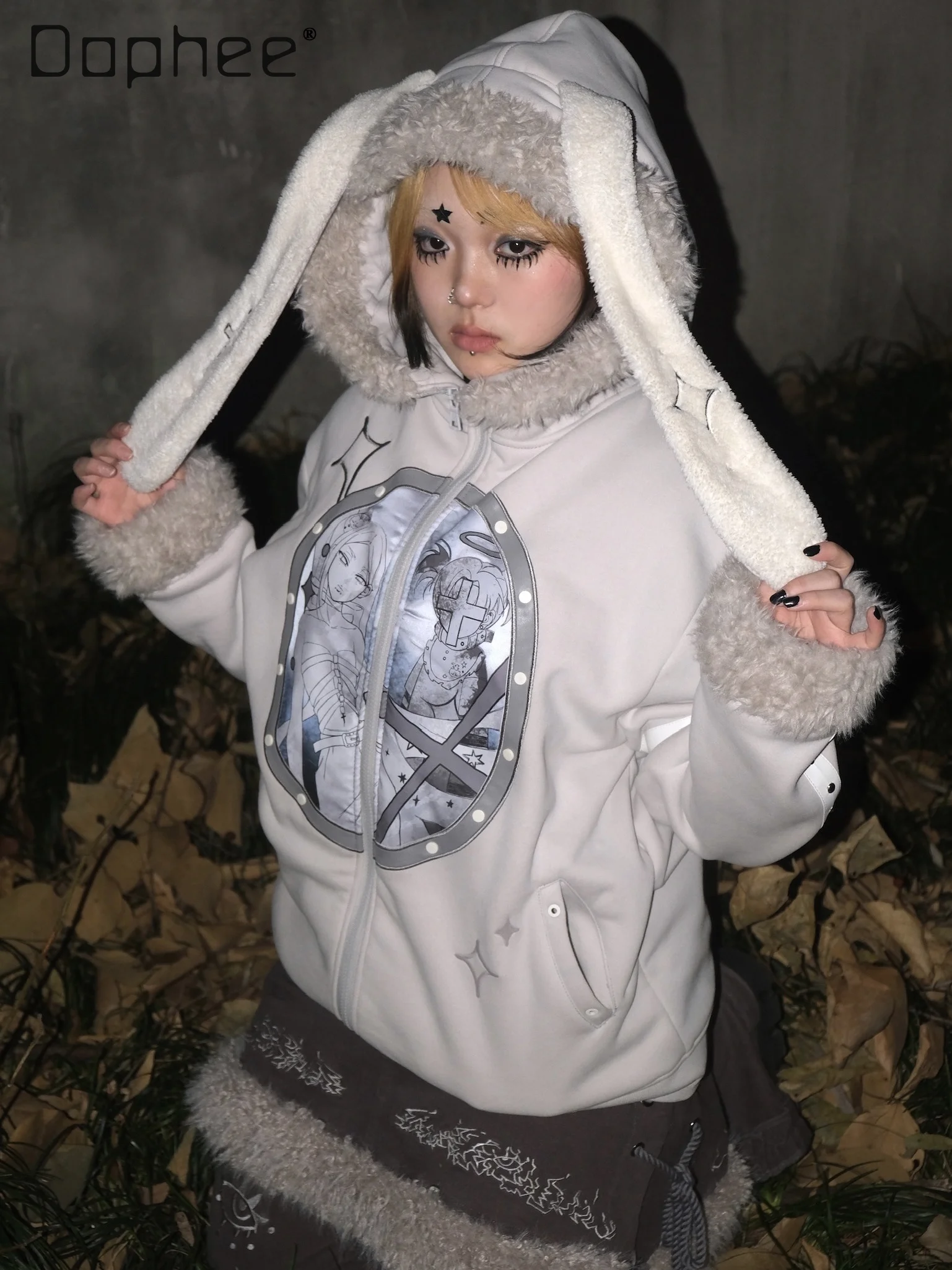 Y2k Hooded Rabbit Ear Rivet Cartoon Print Women Warm Long Sleeve Sweatshirts Casual Loose Harajuku Coats Vintage Hoodies