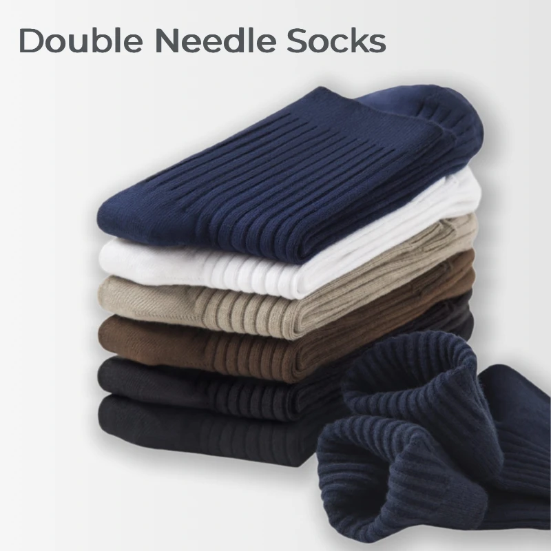 Men's Mid-tube Socks Double Needle Striped Cotton Business Socks Breathable Sweat Absorption Solid Color Long Socks Casual Wear