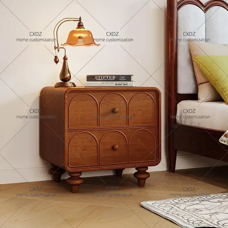 New American Style Retro Solid Wood Bedside Table Sofa Side Cabinet with 2 Drawers Storage Nightstand Small Antique End Table