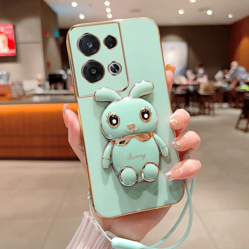 Cute Cartoon Rabbit Fold Stand For OPPO Reno 8 Pro 5G Phone Case With Lanyard Luxury Plating Cover