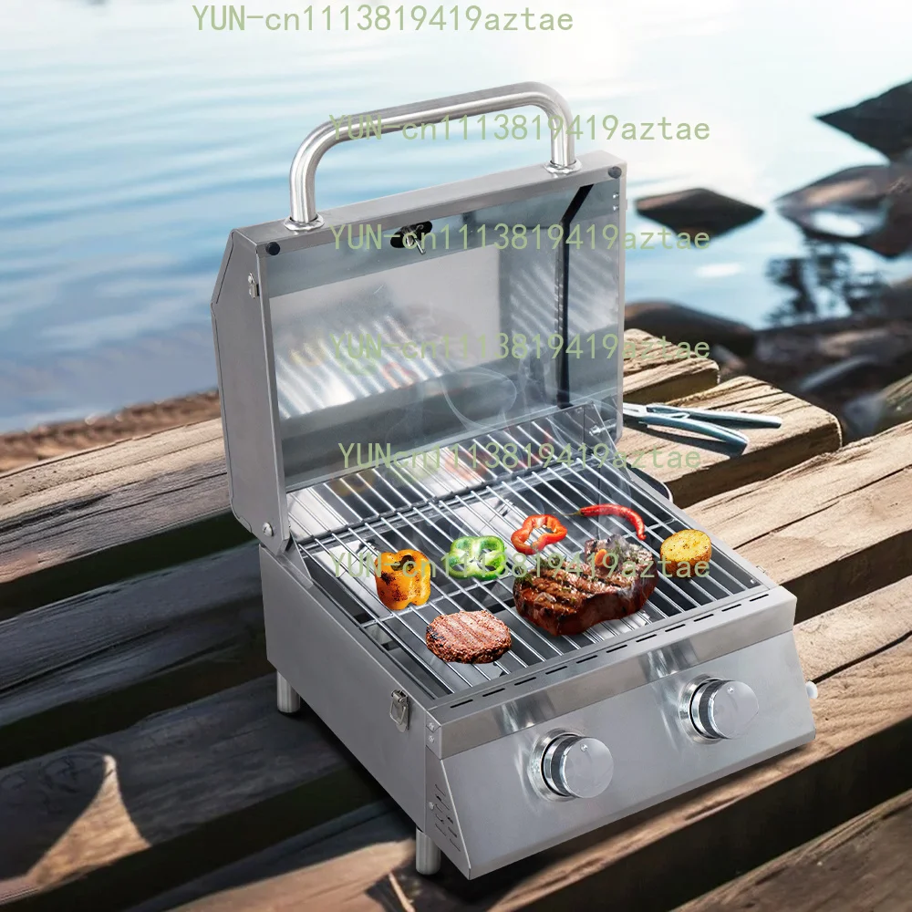 Portable Stainless Steel Gas Grill 2 Burners Tabletop Barbecue Gas Grill for Camping Outdoor