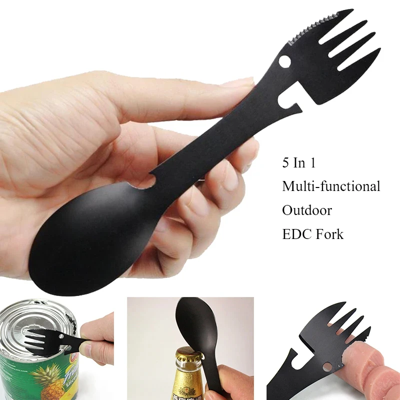 Herramientas de supervivencia al aire libre 5 en 1, herramienta multifuncional EDC práctica para acampar, tenedor, cuchillo, cuchara, abridor de botellas/latas, multiherramienta para acampar, 1/2 piezas