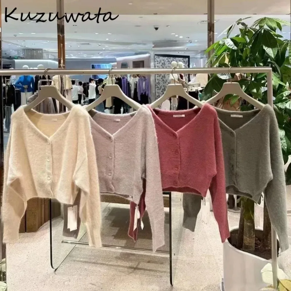 Kuzuwata Japanese New V Neck Long Sleeve Tops All-match Single Breasted Solid Casual Cardigan Knit Elegant Sweet Woman Sweaters